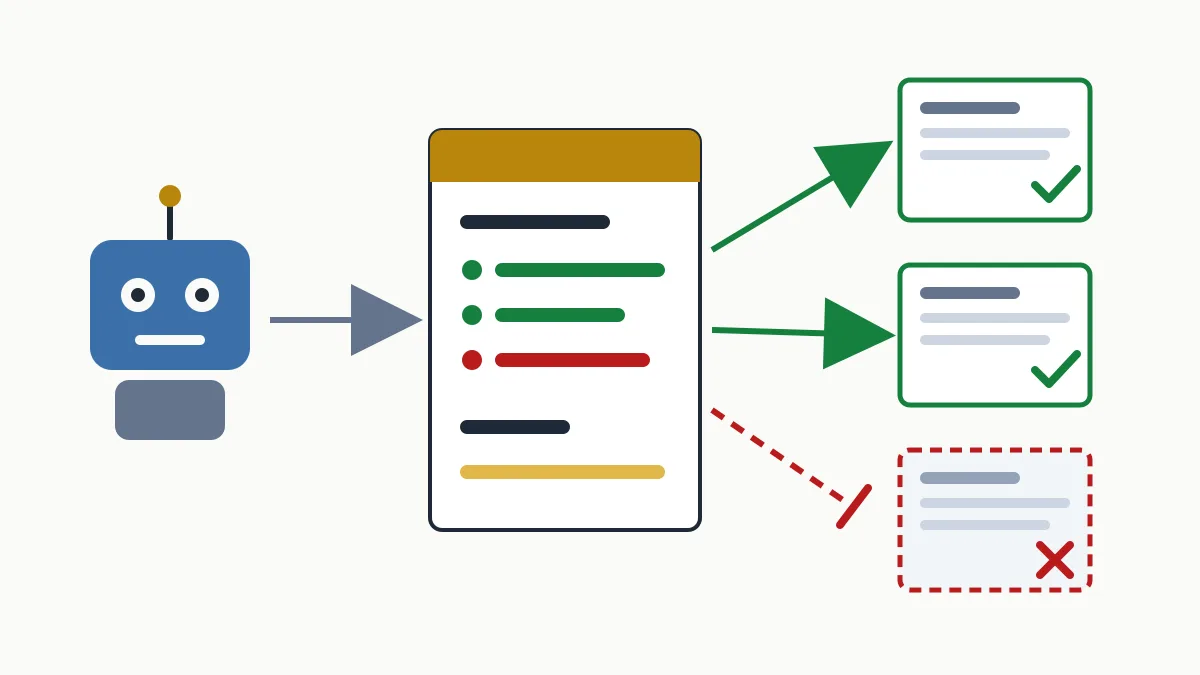 Diagram of a crawler checking robots.txt before reaching allowed and blocked pages
